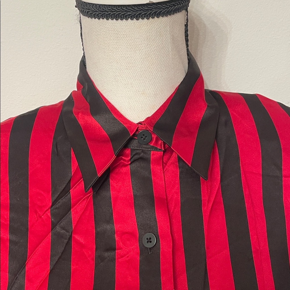 Vintage 100% Silk Red and Black Striped Button Down Shirt - Picture 3 of 11